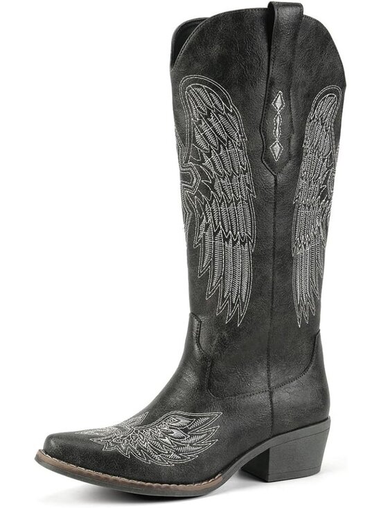 Shoes - Women's Black Suede Gothic Cross Angel Wing Embroidered Mid Calf Cowgirl Boots